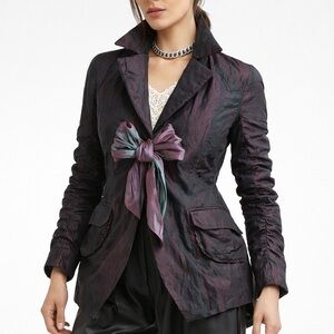 Event Jacket Shot Taffeta Fabrication Sash Front Elegant Evening Purple Black S